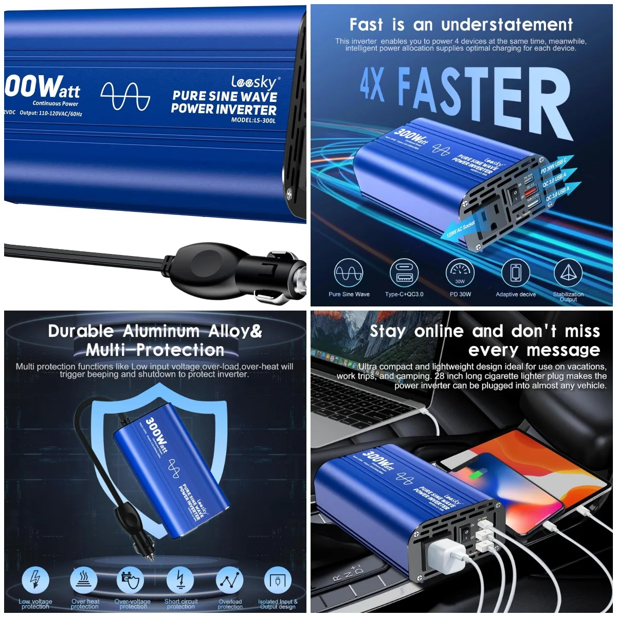 

300W Pure Sine Wave Car Inverter 12V to 110V with USB-C & QC3.0, AC Outlet for RV Truck