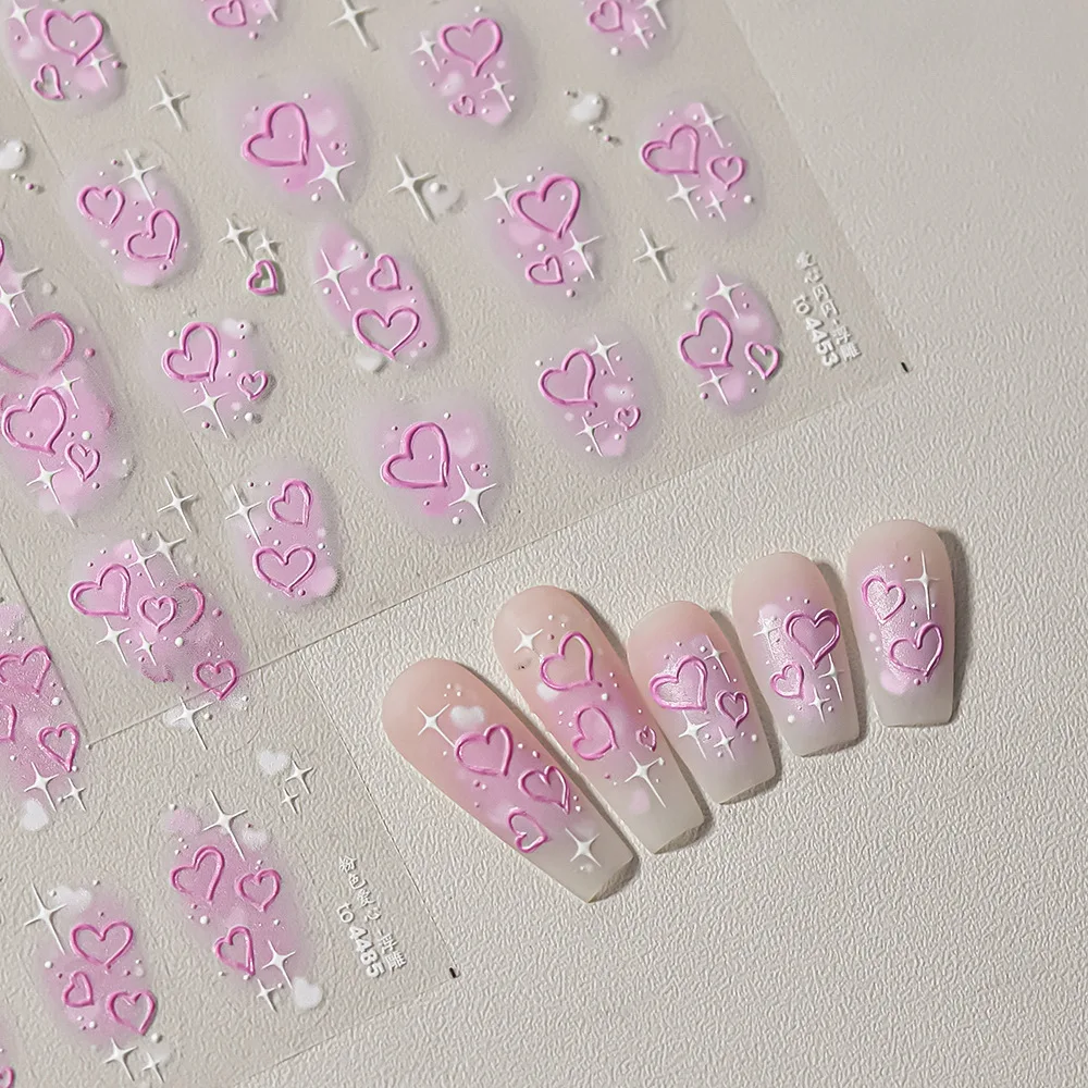 Geometric Colorful Love Heart Shiny Halo Dyeing Gradient Cartoon Elegant Jelly Embossed Relief Nail Art Sticker Manicure Decals