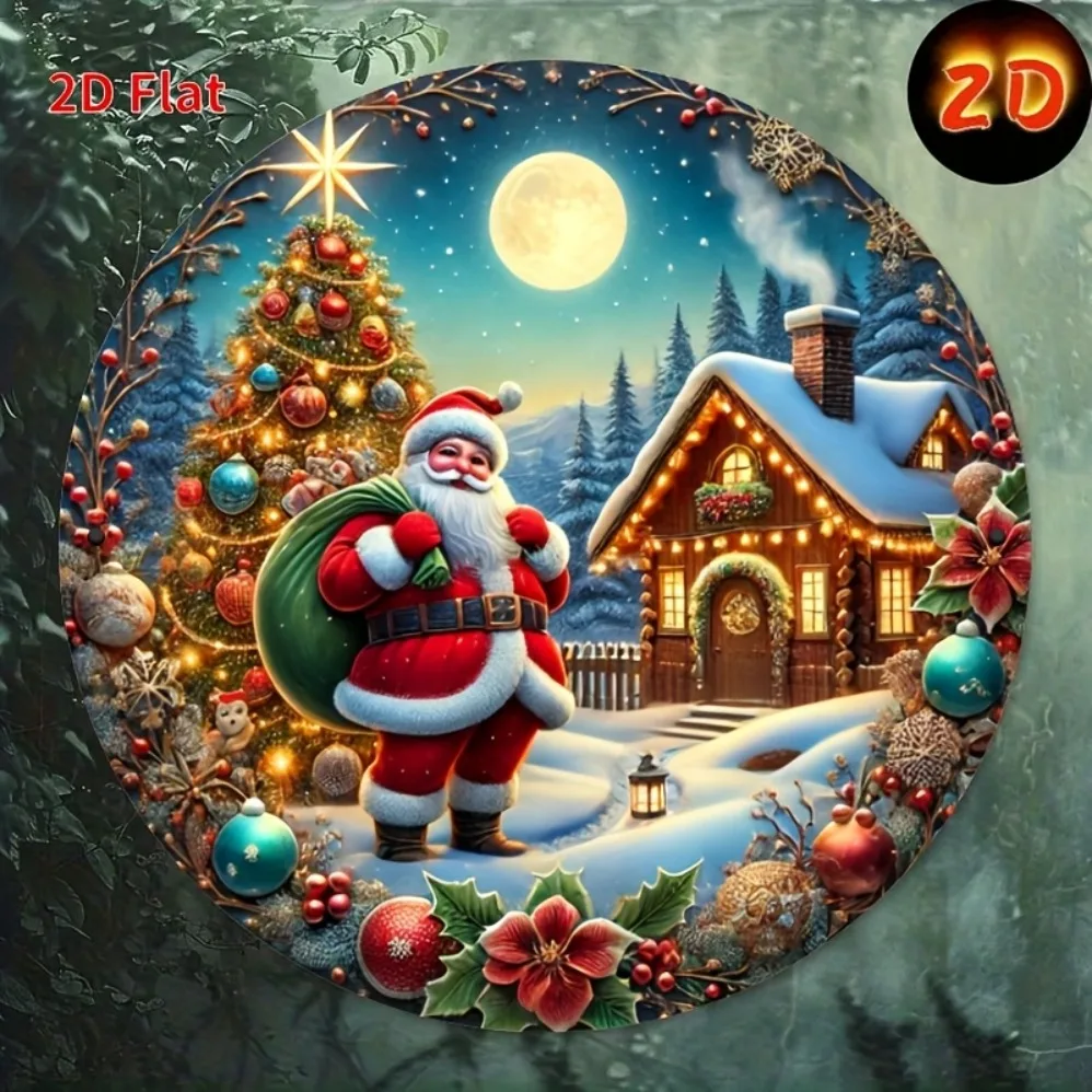 لافتة مسطحة ثنائية الأبعاد "عيد ميلاد سعيد" - تصميم إكليل سانتا، لوحة معدنية دائرية من القصدير | ديكور الباب الأمامي والتعليق على الحائط مصنوع يدويًا #3