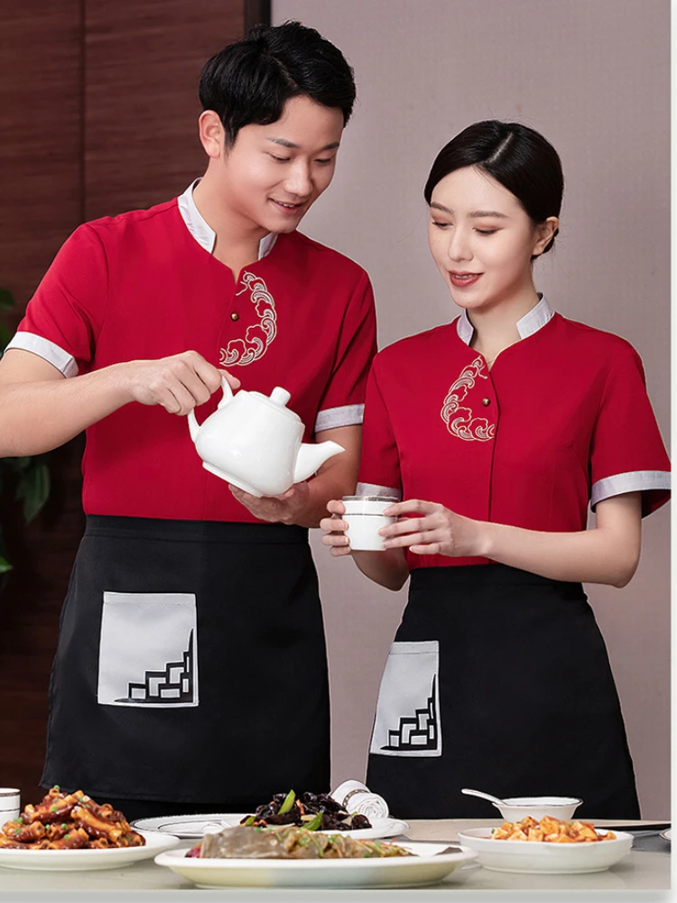 Chinese Restaurant Waiter Uniform for Men Hot Pot Food Service Work Wear Tea House Kitchen Catering Summer Waiter Overalls