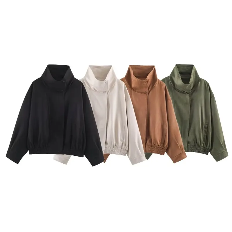 Guobioziy Women's High Collar Pilot Jacket 2026 New Fashion Suede Texture Stretch Hem Windproof Classic Commuter Style