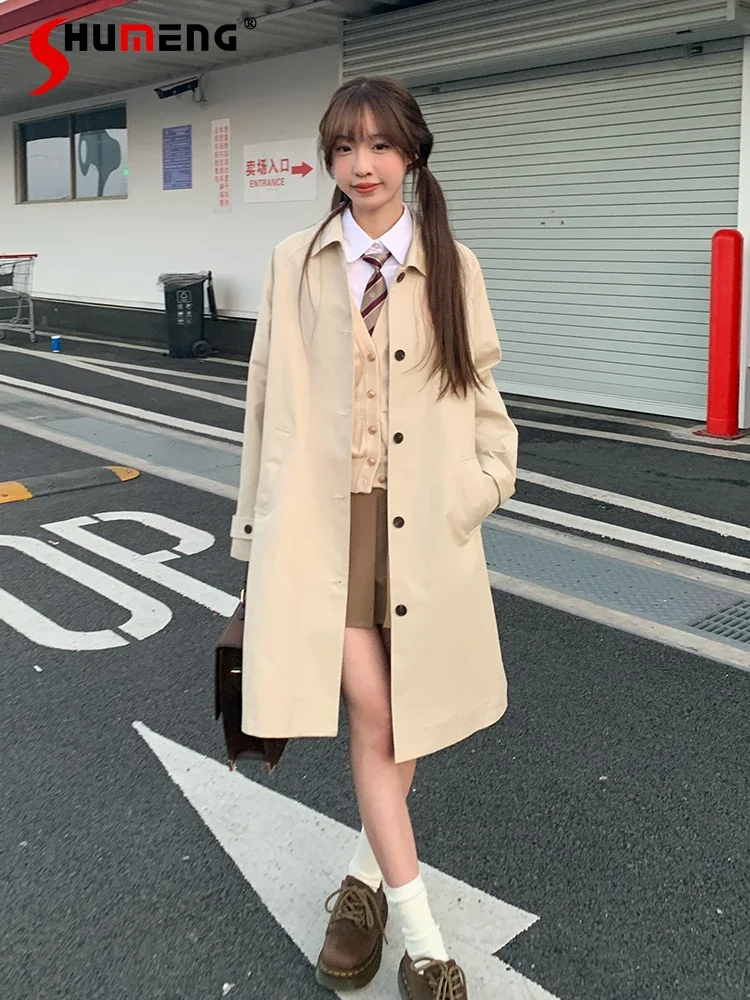 

Japanese Preppy Style Winter Cloth Lapel Collar Single-breasted Belt Slim Loose Commuter Casual Long Trench Coat Women Autumn