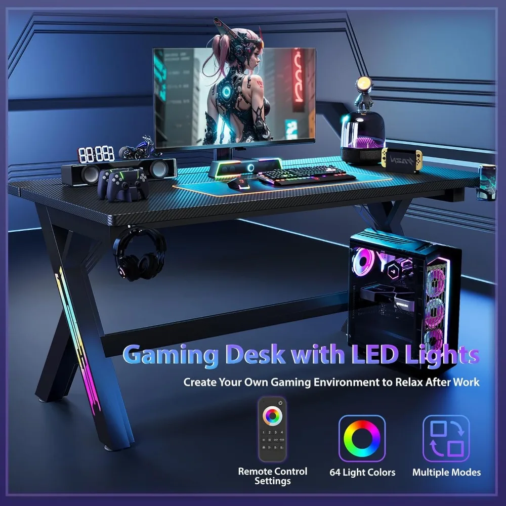

Gaming Desk, 47'' Computer Desk, Gaming Desk w/LED Lights & Carbon Fiber Desktop, Home Office Desks w/Ergonomic Design,