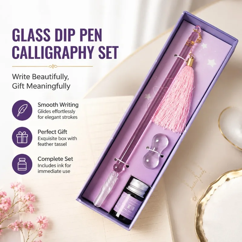 Glass Dip Pen Calligraphy Set with Ink, Handmade Pen Gift Box with Gold Powder Ink, Feather Tassel Signature Pen for Students