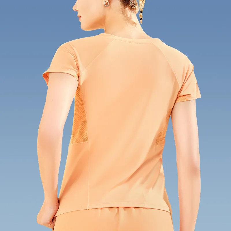 تي شيرت بأكمام قصيرة للنساء ، بلوزة قصيرة برقبة مستديرة ، تنفس ، راحة ، ملابس رياضية من الحرير الثلجي ، الركض ، الصيف ، Yoga