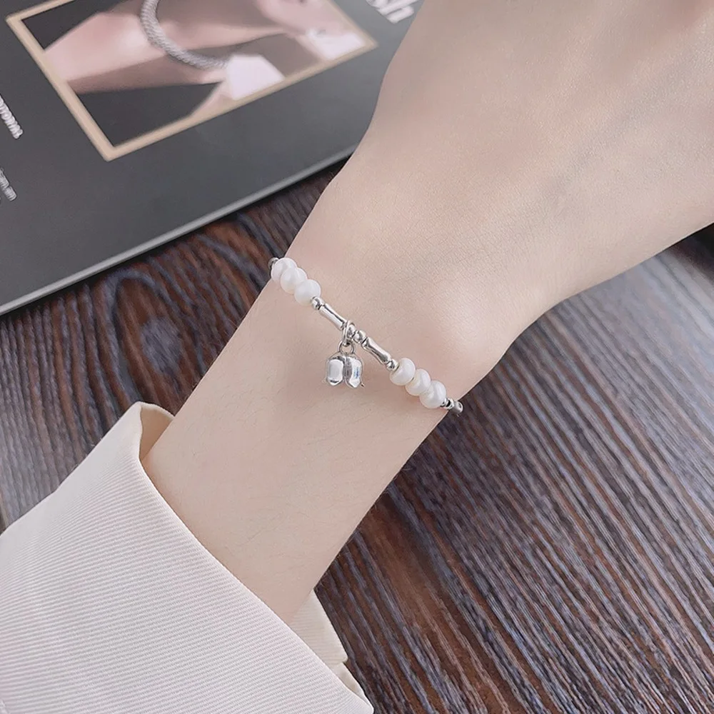 Real Solid 925 Sterling Silver Chain Women Lucky Flower Long Beads Pearl Link Bracelet  