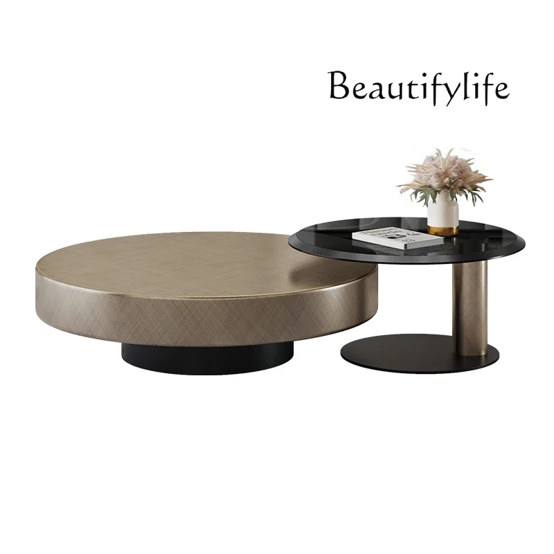 N40 Stainless steel glass size round light luxury coffee table TV cabinet combination senior designer