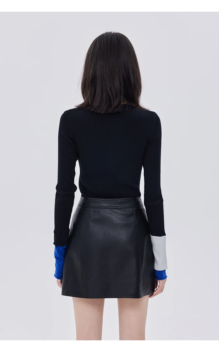 Spring and Autumn New Women's Knitted Sweater, Black Pullover Long Sleeved Base Sweater with Contrasting Color Splicing