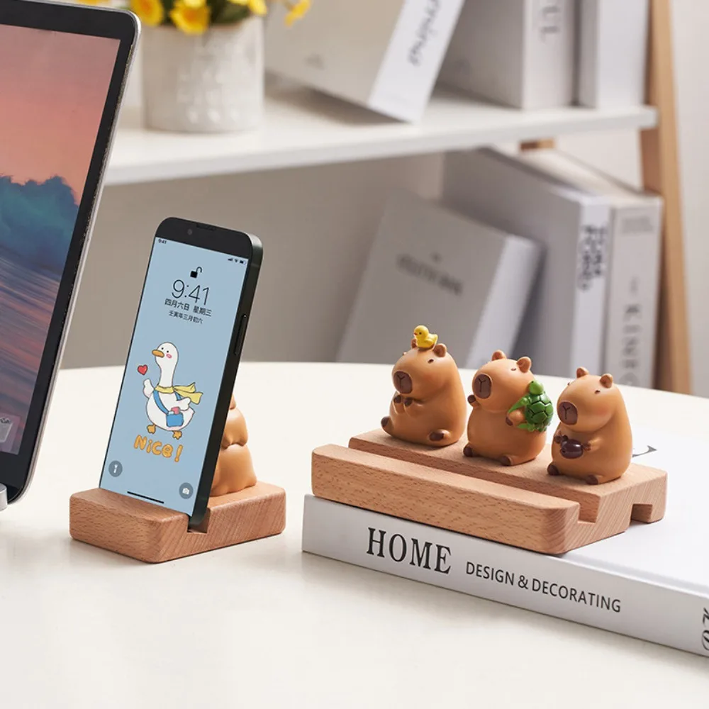 Figure Model Capybara Phone Holder Support PVC Doll Capybara Mobile Phone Stand Animal Wooden Capybara Cell Phone Bracket