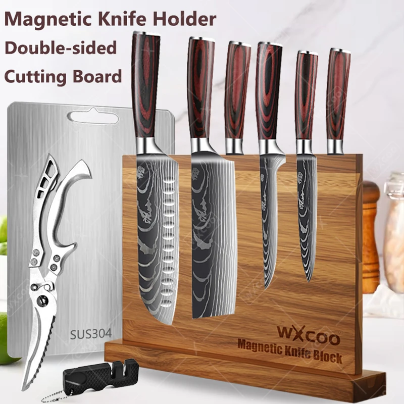 

WXCOO Magnetic Knife Block Kitchen Chef Knife Meat Cleaver Boning Knife Scissors Stainless Steel Cutting Borad Sharpener Tool