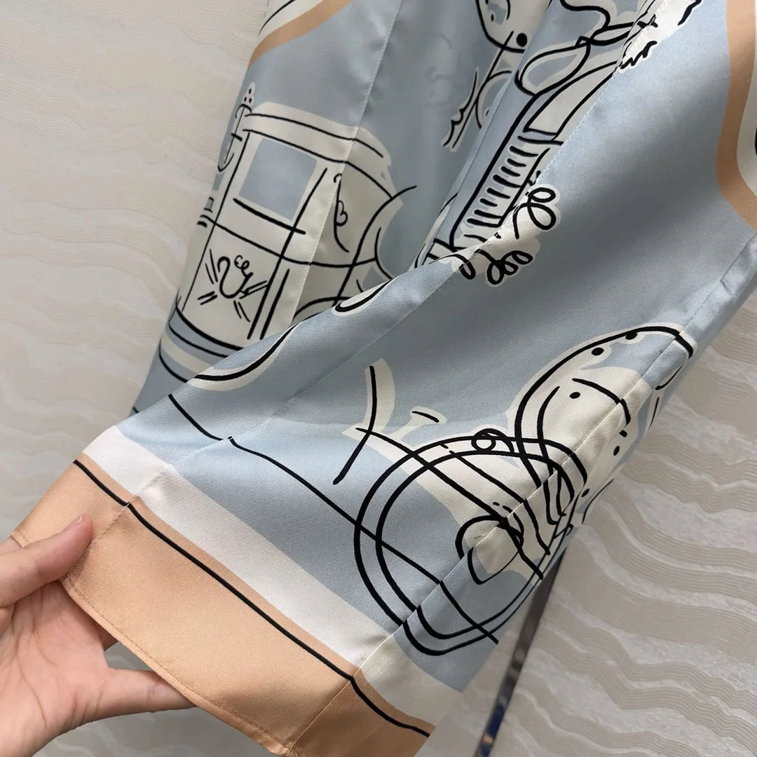 

2026 New Spring Summer Elegant Fashion 100% Silk Ankle Length Pants Women High Waist Color-blocked Retro Graffiti Print Trousers