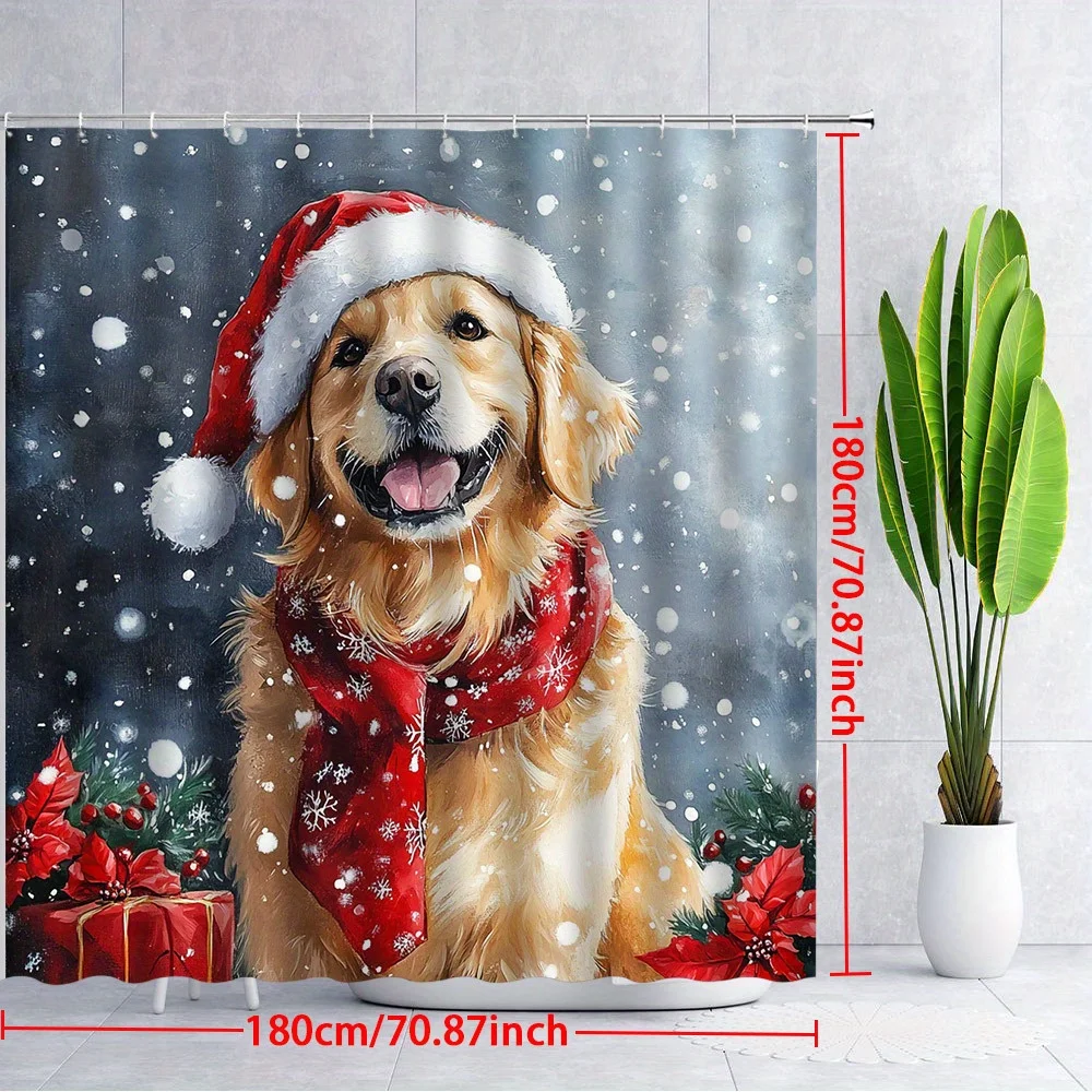 1pc 2D Flat Shower Curtain, Golden Retriever Santa Hat Poinsettias Snowy Background Printed Shower Curtain, Decor for Bathroom