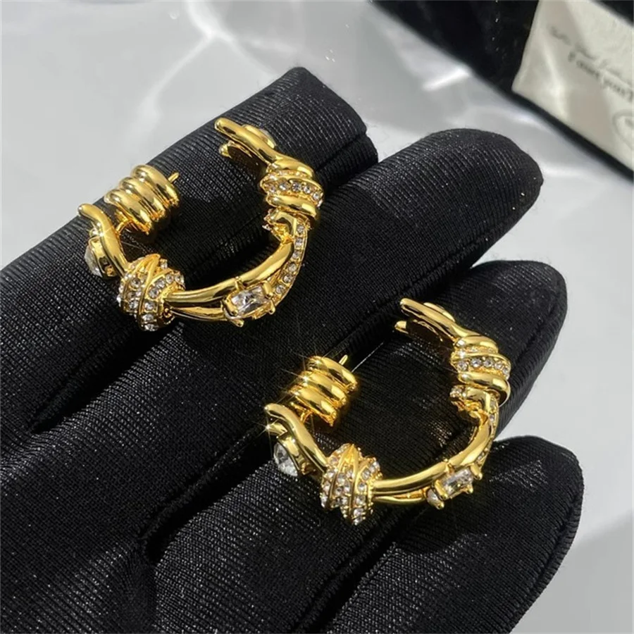 French Precision Metal Hollowed Out Three-Dimensional Zircon Earrings Light Luxury High-End Quality Trendy Brand Charm Jewelry