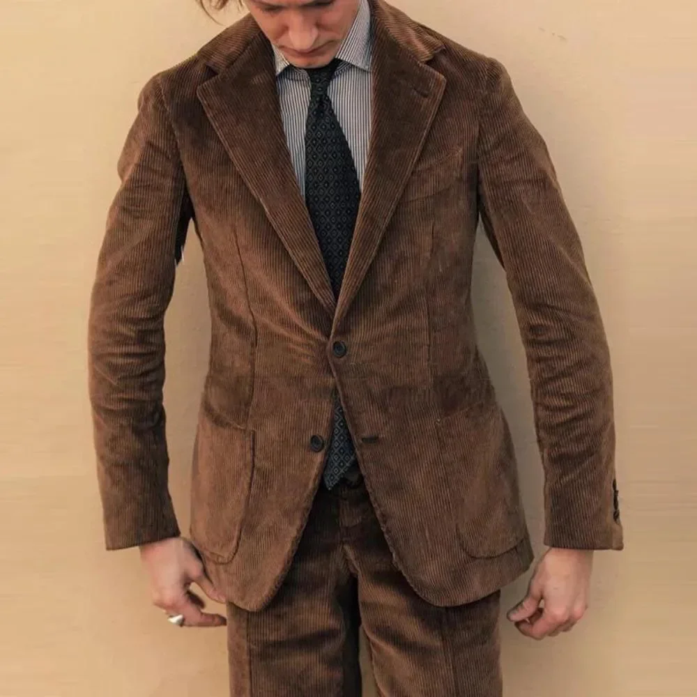 

Костюм Homme, мужские костюмы, коричневый вельветовый свадебный костюм для жениха, винтажный комплект из 2 предметов на заказ, смокинг для выпускного вечера, приталенная куртка, брюки