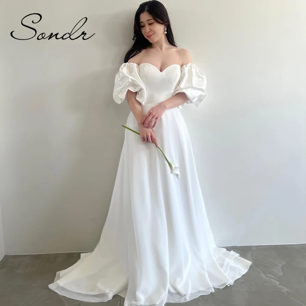

Sondr Elegant Korean Wedding Dresses 2025 Sweetheart Puff Sleeves Bridal Gown Customized A Line Simple Self-Wedding Dresses