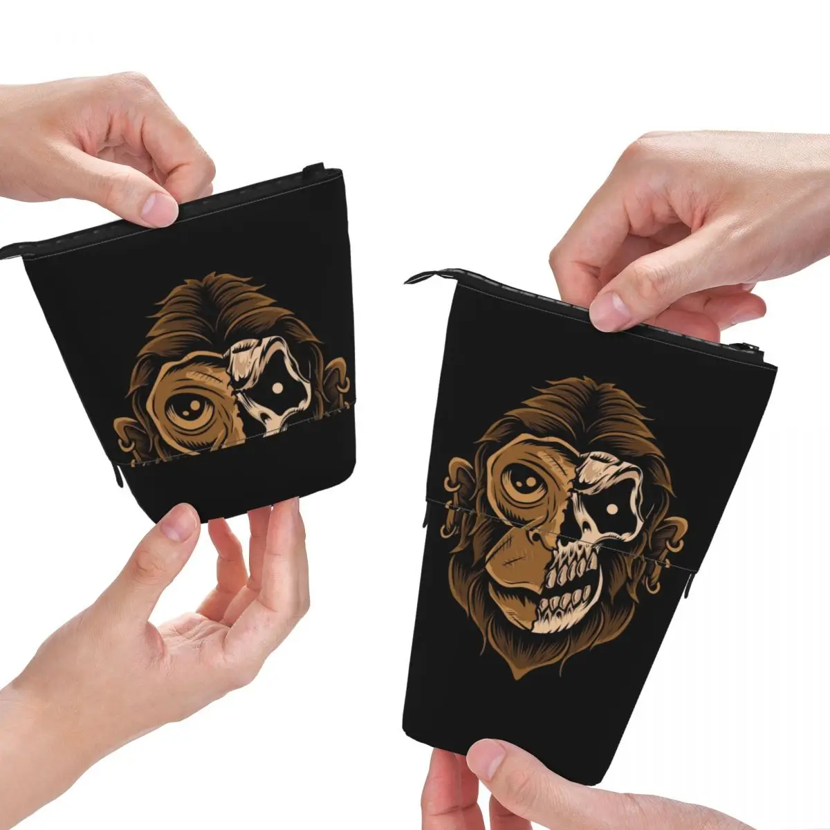 Cabeça De Crânio De Macaco Em Fundo Preto Pen Box Student School Zipper Pen Bag Estojo Lápis Retrátil Vertical