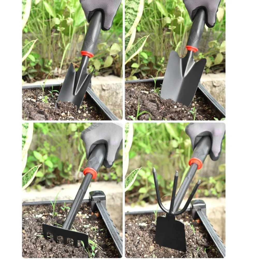 Garden Tool Set 4pcs 2 Shovels 1 Rake 1 Cultivator Solid Iron Construction with Ergonomic Rubber Handles for Efficiency