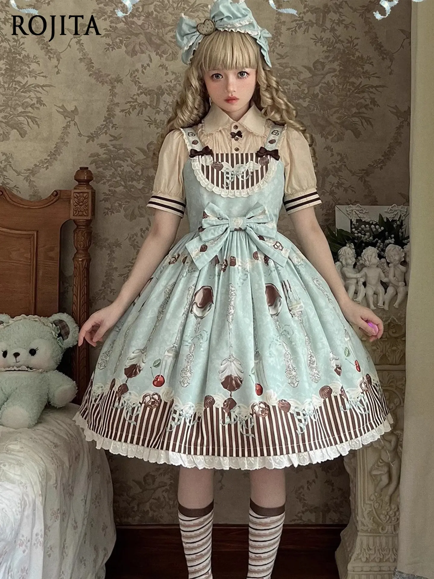 

4XL Lolita Strap Dress Sweet JSK Printed Dress Loose Slimming Versatile Dresses Blue Printed Strap Dress with Headpiece