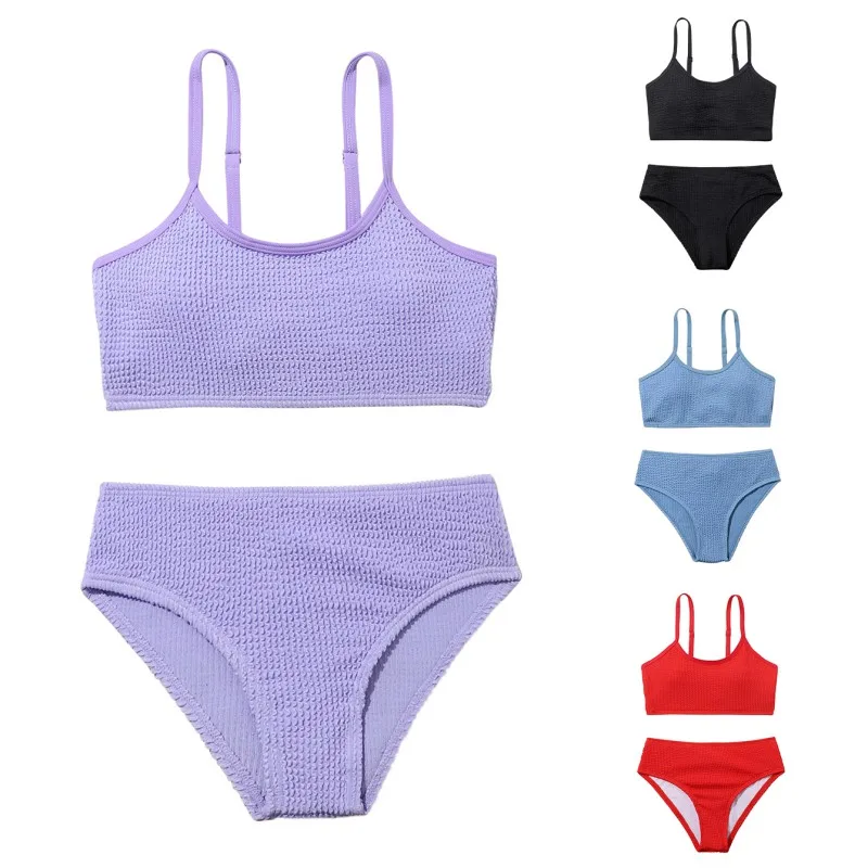 Summer Teenager Girls Bikini Swimwear Children Beach Clothes Solid Color Suspenders Shorts SetsTwo pieces High Quality Kids Swim