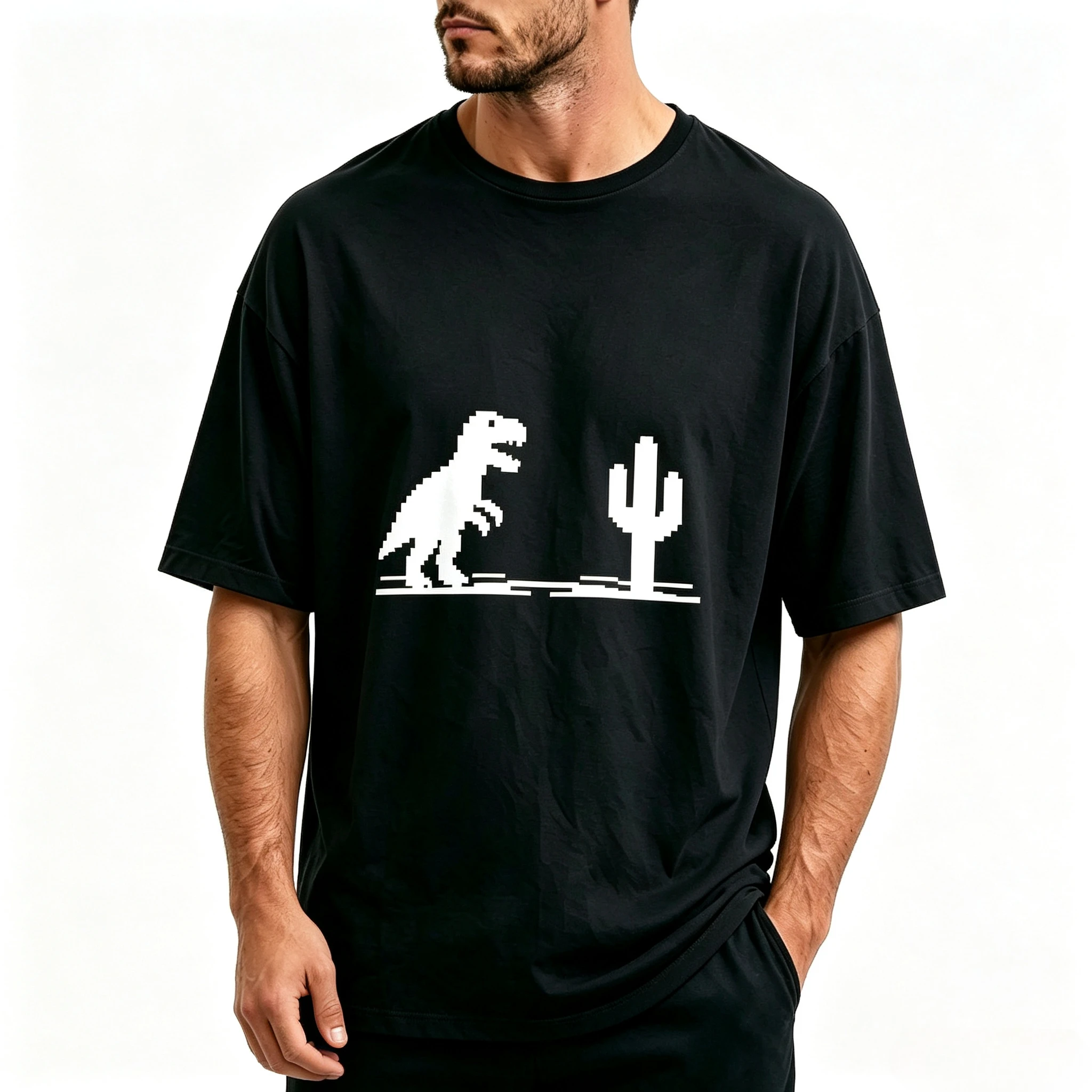 pixel dinosaur tee Couple Modal  Print  T Shirt Retro Pixel Dinosaur And Cactus GraphicO-Neck Loose Fit Casual Short Sleeve Top