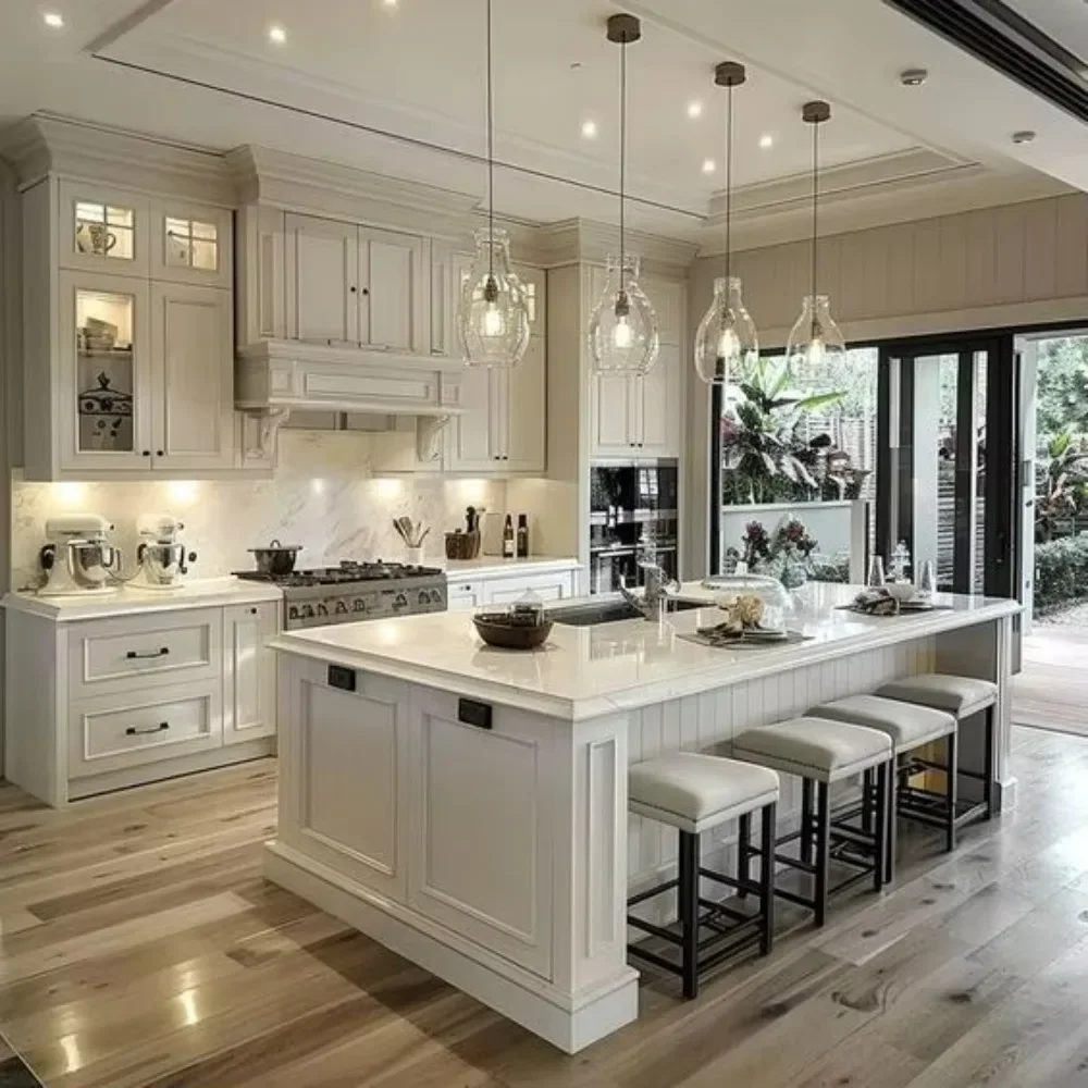 High End Luxury Style Island Design Solid Wood Kitchen Cabinet Smart Kitchen Made in China