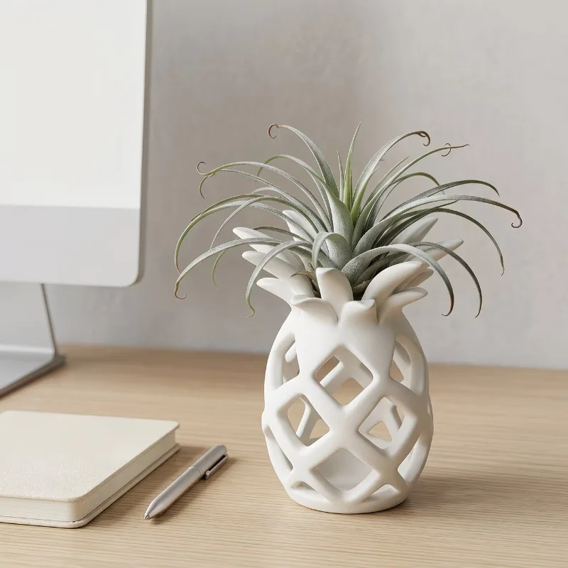 3D Printed Pineapple Shape Air Plant Holder Minimal Hollow Desktop Ornament Small Tillandsia Planter Modern Decor for Office
