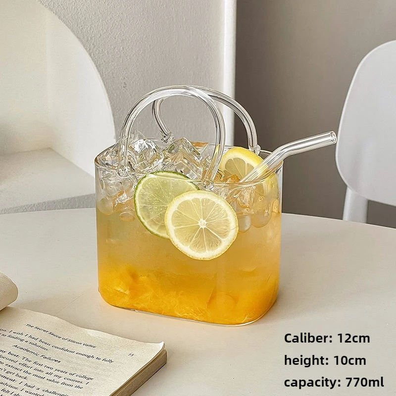 

Portable Handbag Glass Cup Creative Quirky Cocktail Cup High Temperature Resistant with Straw Juice Cups Household Water Cups
