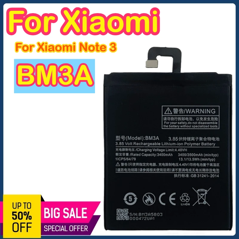 

BM3A 3400 мАч 3,85 В Подходит для аккумулятора мобильного телефона Xiaomi Note 3 3400 мАч BM3A