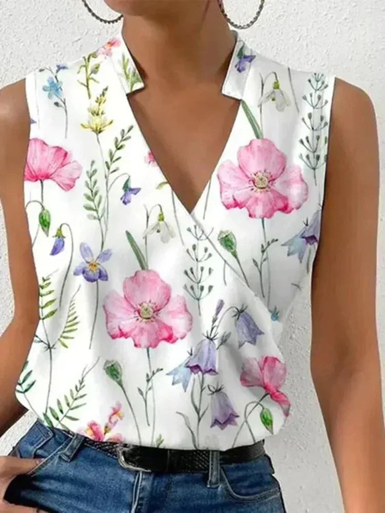 

Korean Minimalist Casual Women's White Vest Shirt Top Elegant V-neck Sleeveless Printed Shirt Summer Touch of Temperament
