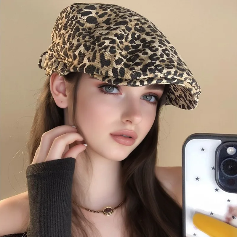 Boina retro con estampado de leopardo, estampado de mezclilla, sombrero de artista masculino y femenino, sombrero artístico e informal, adecuado para todas las estaciones
