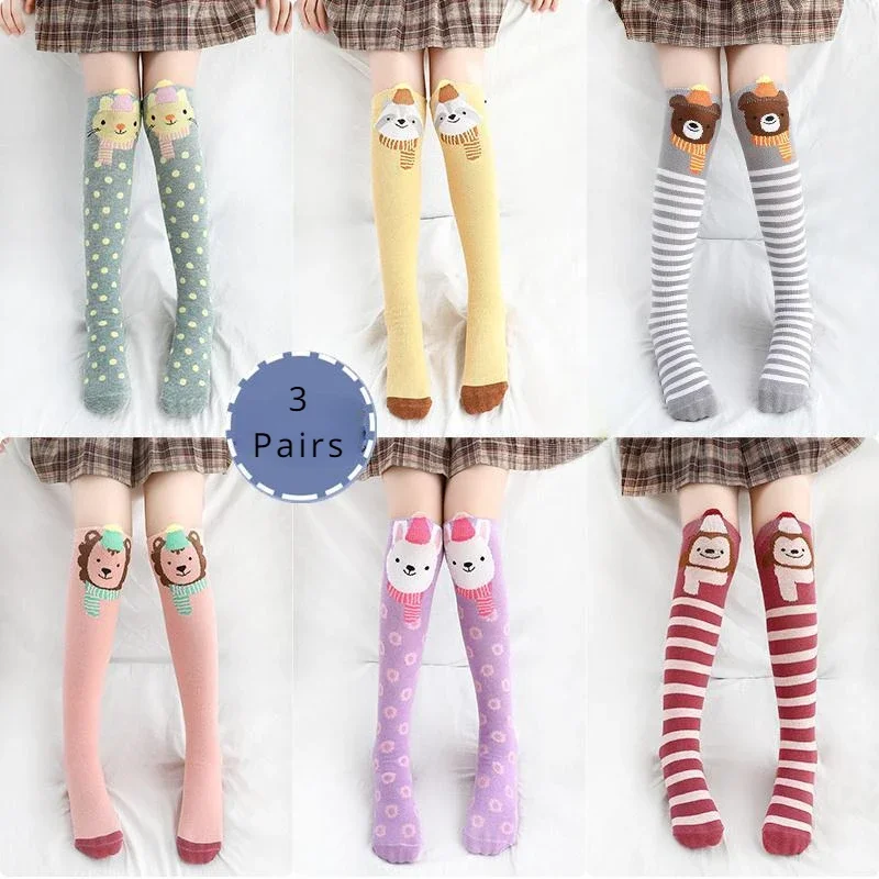 3Pairs Spring and Autumn Girls Mid-tube Socks Children's Half Socks Cute Stockings Cotton Baby Knee-high Tube Socks