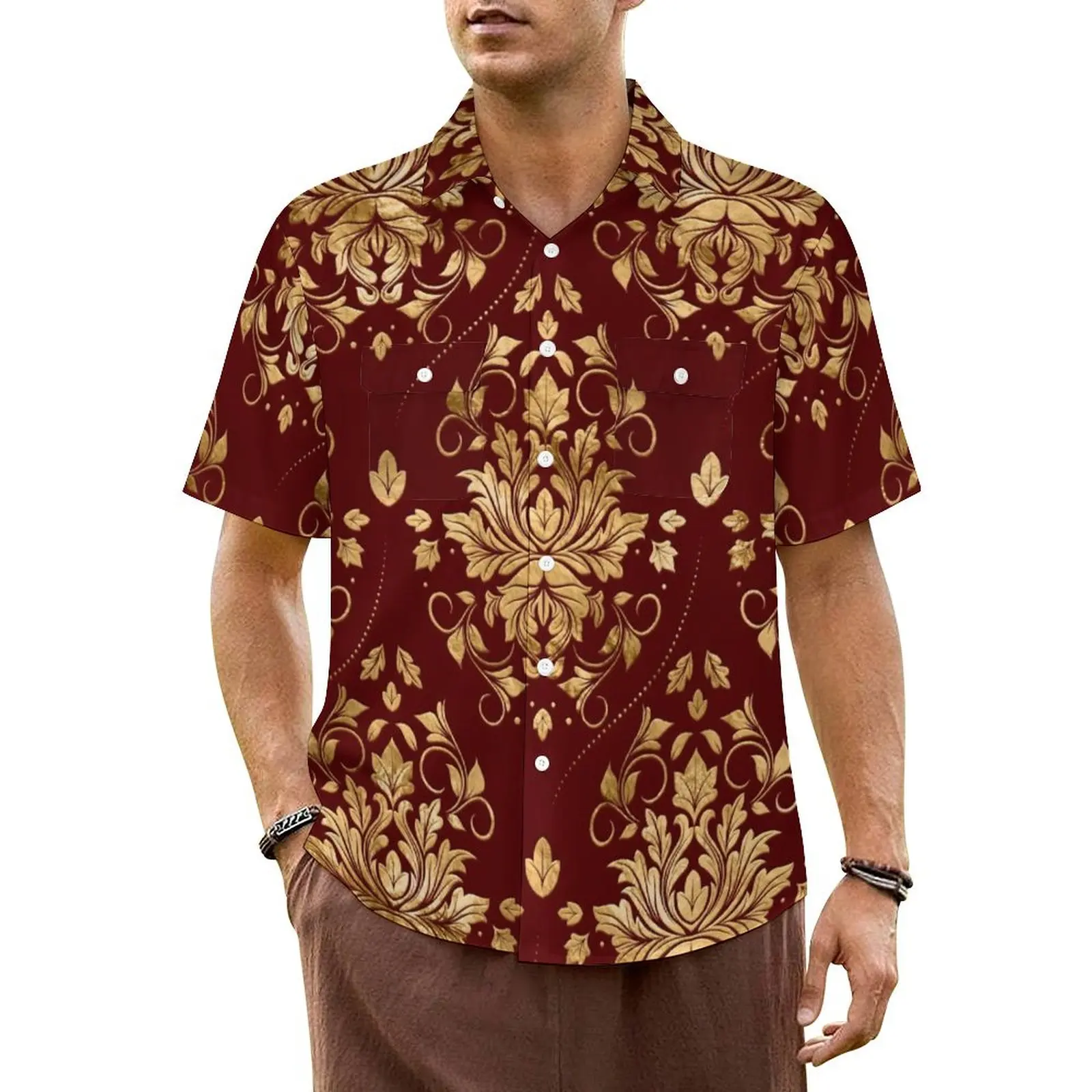 

Summer Shirt Beach Gold Baroque Blouses Oriental Vintage Damask Classic Casual Shirts Men Short Sleeve Streetwear Oversize Tops