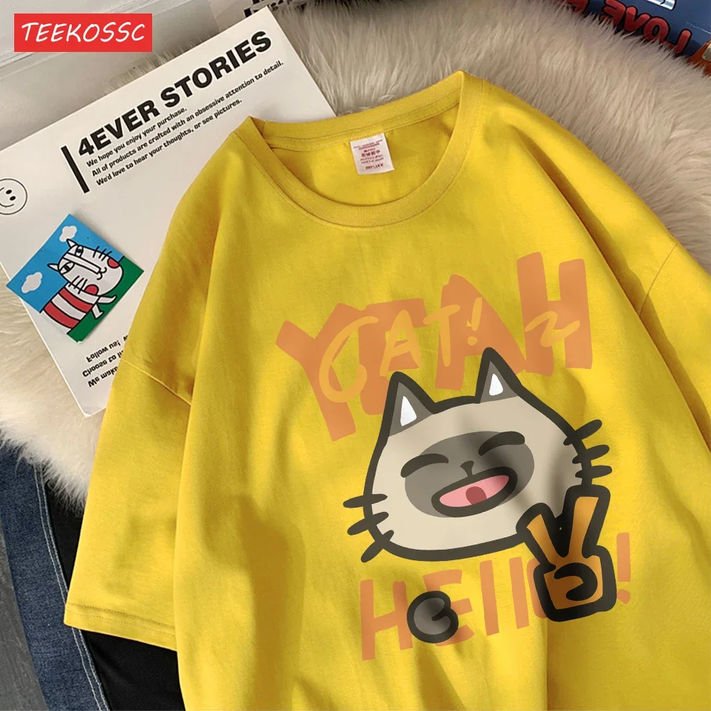 안녕하세요 작은 고양이 귀여운 인쇄 여성 티셔츠 만화 인쇄 탑 o-넥 부드럽고 편안한 반팔 여름 캐주얼 의류