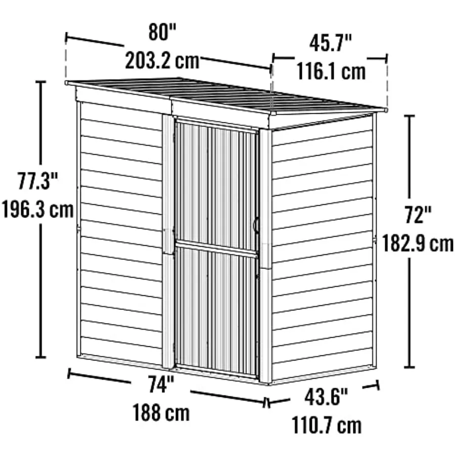 Compact galvanized steel storage shed for outdoor use, charcoal color, pent roof design, SBS64 Shed-in-a-Box model, 6'x4' size,