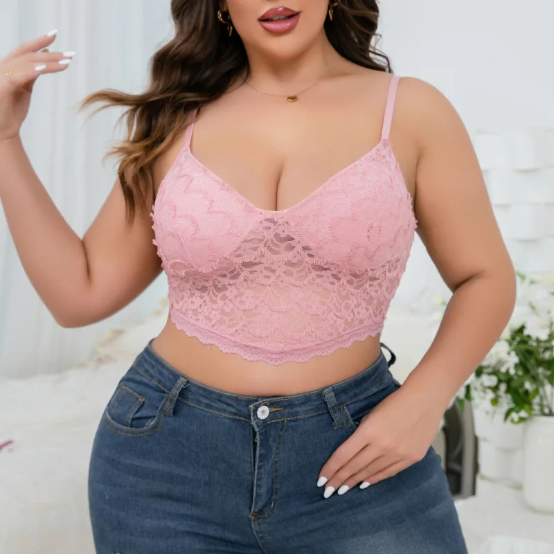 

XL-4XL Plus Size Pink Lace Bralette Women's Corset Without Wire Sexy Outerwear with Lace See-through Halter Top Exotic Sets