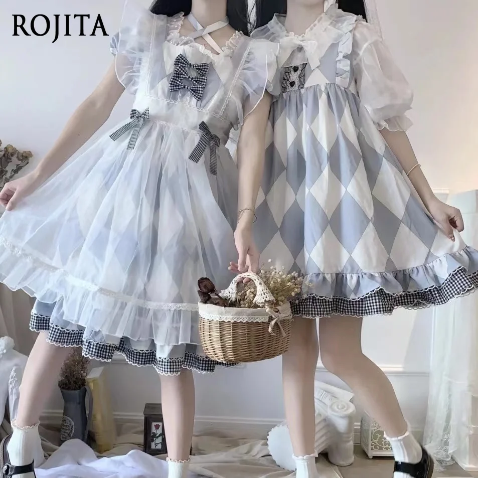 

Alice Lolita Dress with Ruffle Edge Sleeveless Round Neck Checked Print Lolita Op Dress Eugen Chiffon Top Makes Dresses Sweeter
