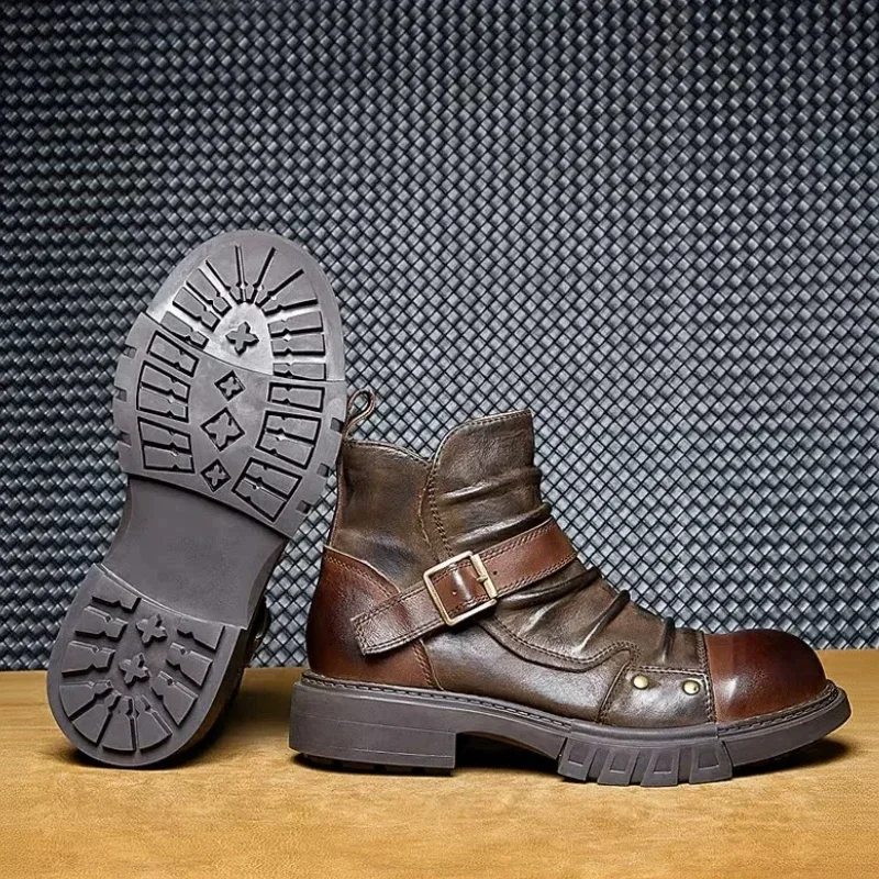 Retro Handmade Men's Motorcycle Riding Boots, Genuine Leather Chelsea Boots with Buckle & Zip, Casual Short Moto Boots for Men