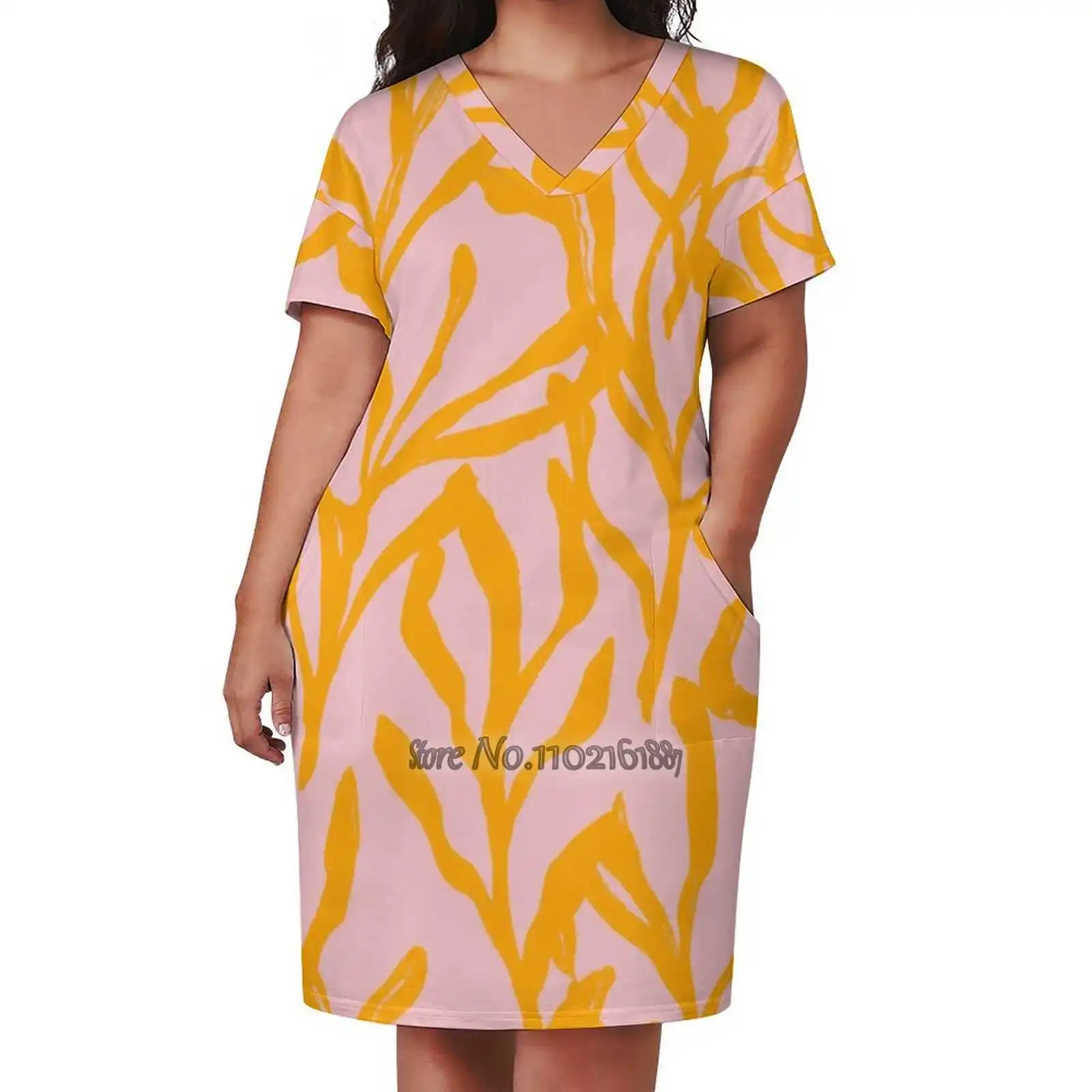 Under The Sea Motif / Yellow On Pink Pattern / Byers V-Neck Short Sleeve Skirt Slim Skirts Loose Elegant Fashion Dress 5Xl Pink