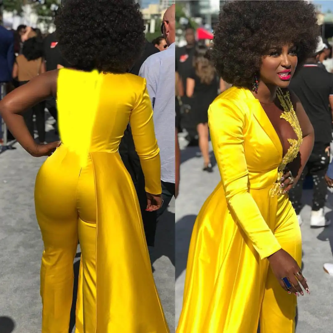 Customized Yellow Evening Dress Jumpsuit One Shoulder Long Sleeve Black Girls Prom Dress With Overskirt Train Birthday Party