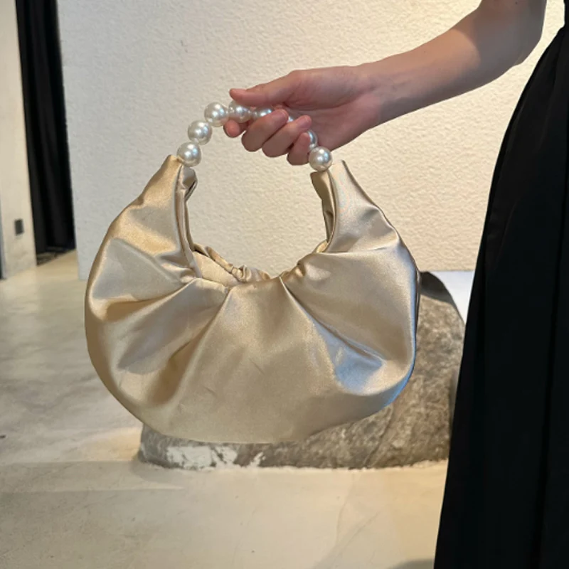 

NEW Design Pleated Satin Pearl Bag Women's Sweet Cloud Handbag Ladies Soft Wedding Evening Bags Prom Gold White Bags