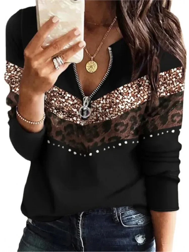 Outono zíper com decote em v manga longa impressão casual topo camisa feminina moda blusas soltas e topos feminino
