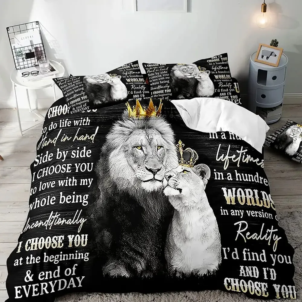 Lion Duvet Cover Set King,African Safari Animal Black Bedding Set,Couples Comforter Cover,Quilt Cover,Romantic Lion Couple Gifts