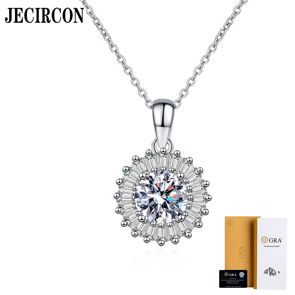 JECIRCON S925 Sterling Silver Moissanite Necklace for Women Ladder Full Diamond Luxury Round Pendant 1ct Flash Clavicle Chain