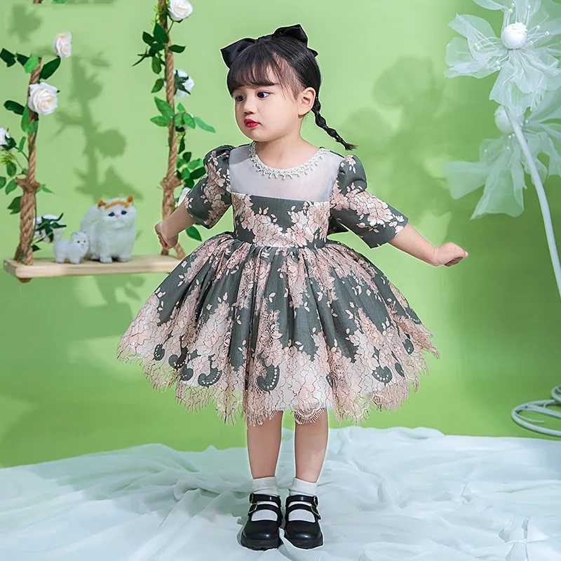 Girl Formal Dress for 2024 Baby Elegant Wedding Dresses Kids Vintage Green Floral Ball Gown Children Birthday Party Vestidos