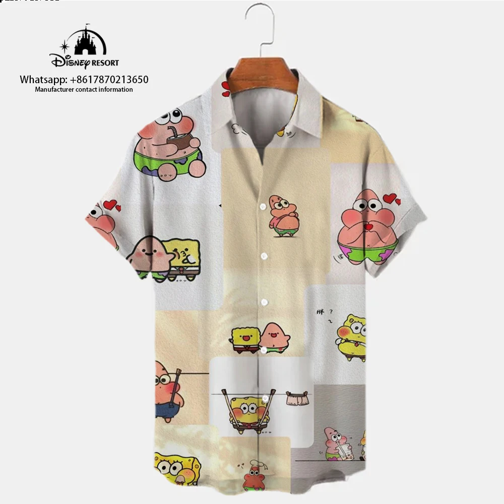 2024 New Harajuku Street Spongebob Cartoon Summer Fashion Casual Trend Versatile Men's Lapel Short Sleeve Shirt Top