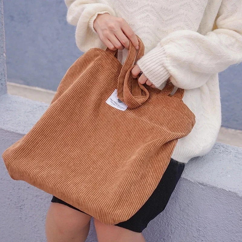 Casual Foldable Corduroy Shopping Bag High Quality Eco friendly Reusable Grocery Tote Handbag Lightweight Shoulder Bags