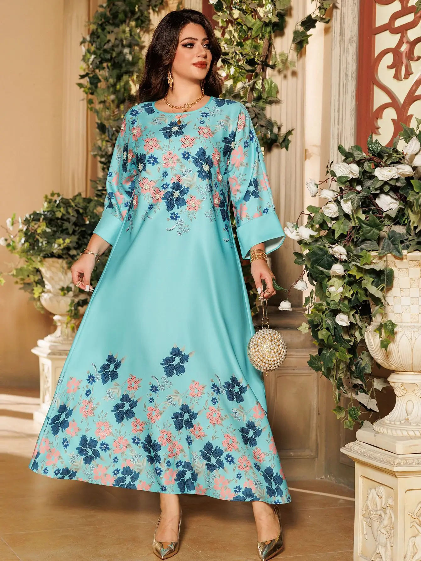 2024 New Muslim Women Print Pearls Maxi Dress Kaftan Dubai Abaya Ramadan Djellaba Eid Jalabiya Saudi Arabic Robe Caftan Marocain