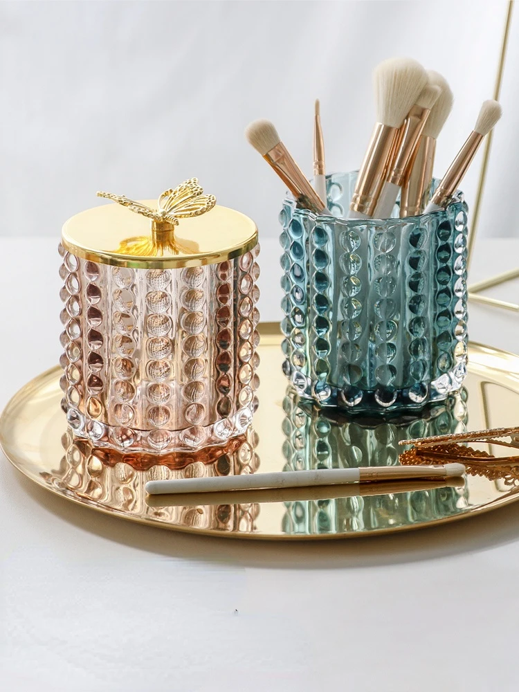 Creative Irregular Glass Jar Cotton Swab Storage Box Cosmetic Jewelry Jar Gold-plated Butterfly Cover Sundries Glass Jar Decor