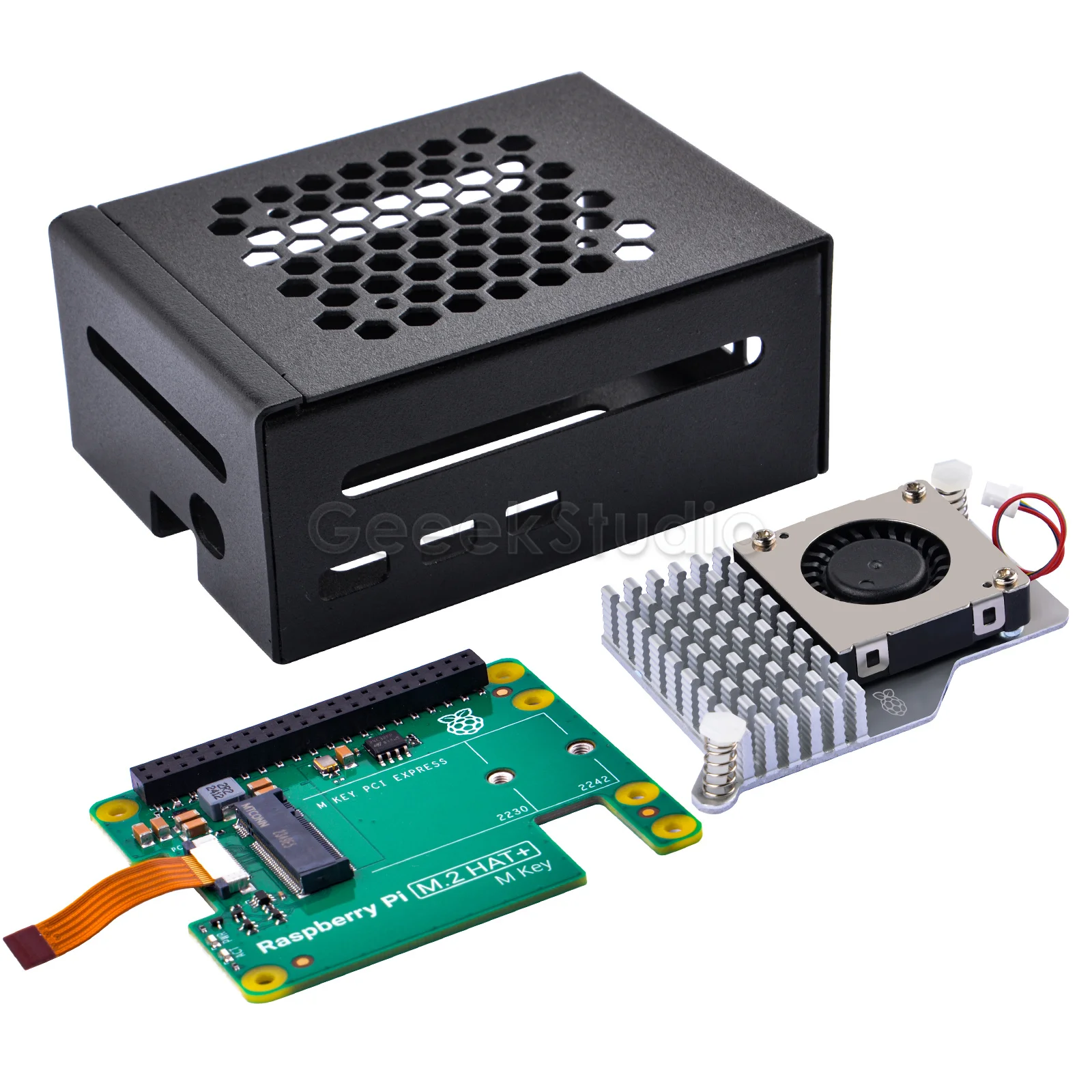 PCIe M.2 HAT+ Active Cooling Kit with Metal Case Enlosure Shell Cooling Fan for Raspberry Pi 5