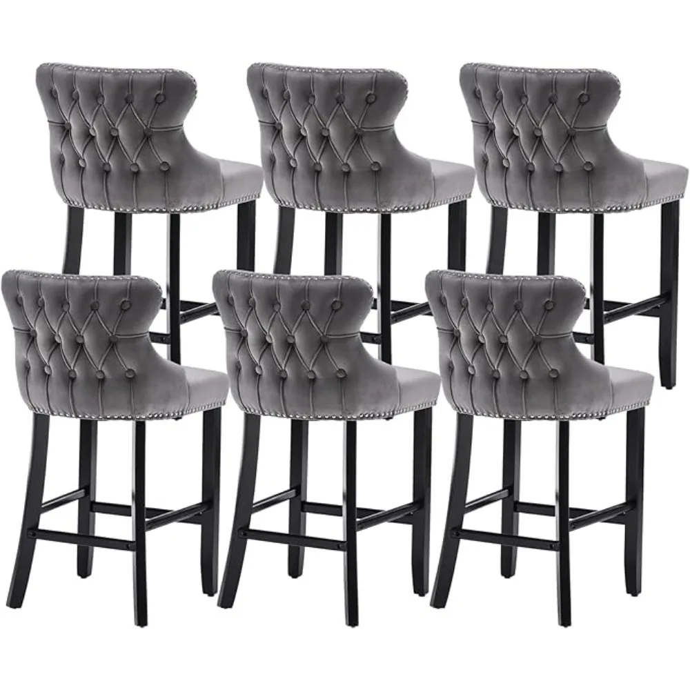 

Bar Stools Set, Velvet Upholstered Barstools with Solid Wood Legs, Button Tufted and Nailheads Trim, Wing-Back Bar Chairs